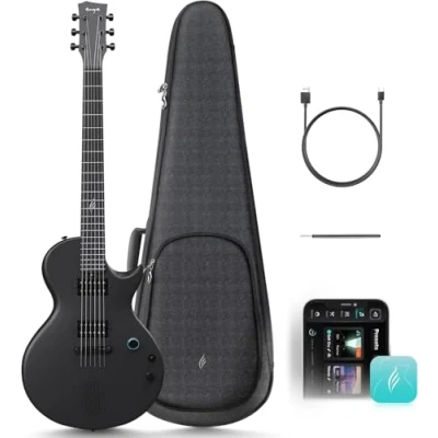 Image of Electric Guitar Nova Go Sonic 1/4 Black Smart Carbon Fiber Guitarra with 10W Wireless Speaker, Onboard Presets, Charging Cable, Adjusting Wrench, and Gig Bag