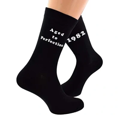 Image of Aged to Perfection 1981 Printed on Mens Black Socks for 40th Birthday Present 2021