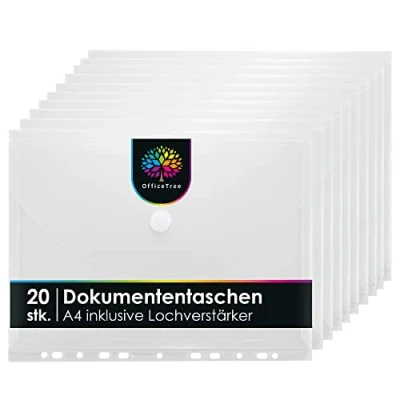 Image of OfficeTree 20 x Document Pockets A4 Fileable with 120 Hole Reinforcers Folio Pocket Folder for Filing Clear Fastener and Edge