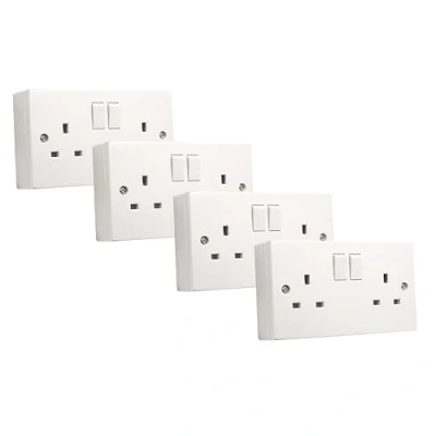 Image of SHPELEC® Square Edge White 13A 2 Gang Switched Socket with 25mm Surface Mount Pattress Box (4 PACK)