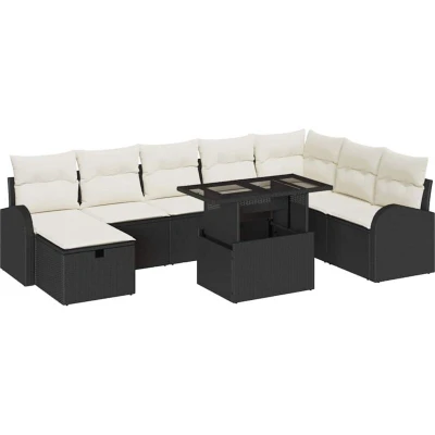 Image of vidaXL 9 Piece Garden Sofa Set with Cushions Black Poly Rattan