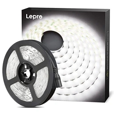 Image of Lepro 5M LED Strip Lights, Cool White 6000K, 300 LEDs, 2300lm Bright Daylight Tape for Kitchen Cabinet Bar Van TV Mirror and More (12V Power Supply Not Included)