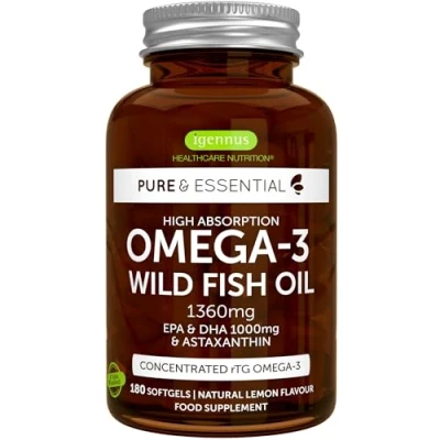 Image of Omega 3 Wild Fish Oil &amp; Astaxanthin, The Most Advanced Triglyceride Form rTG 3, EPA DHA 1000mg, Ultra Pure; Free from Environmental Toxins, Lemon Flavour, 180 Small Softgels, by Igennus