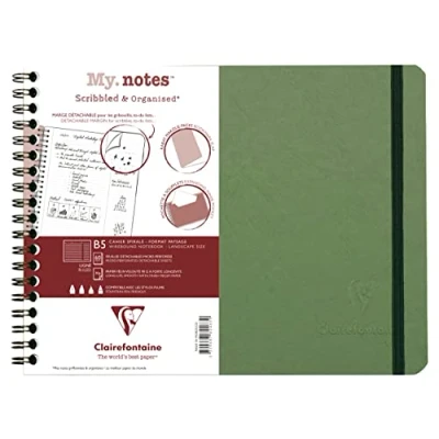 Image of Clairefontaine 782463C Age Bag A Spiral Notebook with Detachable Margins My.Notes Green B5 Landscape 25x19 cm 120 Lined Pages 90 g White Paper Glossy Leather Grain Card Cover