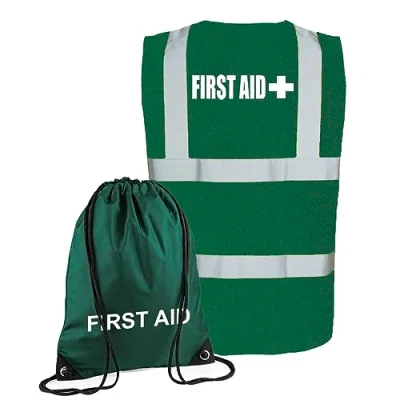 Image of School, Workplace &amp; Sports Club First Aider Kit Bag Printed Green Medical Drawstring Sack with Enhanced Visibility Vest