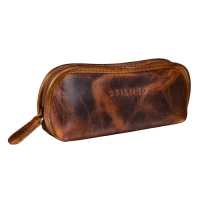 Image of STILORD &#039;Glasgow&#039; Glasses Case Leather Zipper for Sunglasses Reading Spectacles Eyeglass Storage Pouch Women Men Genuine Vintage Leather, Colour:Kara Cognac