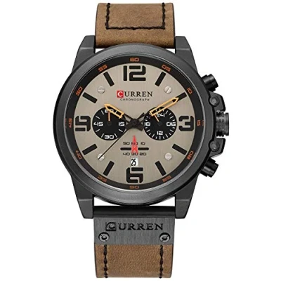 Image of Mens Leather Strap Watches Chronograph Classic Black Casual Dress Stainless Steel Case Waterproof Date Analog Quartz Multifunction Military Watch (Brown)