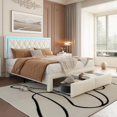 Image of ModernLuxe 4ft6 LED Upholstered Double Bed 135x190cm with Light Strips, 2 Drawers, Adjustable Headboard, Iron Frame, Beige PU Leather, Remote Controlled, for Adults &amp; Teenagers without Matress