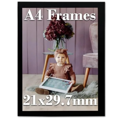Image of A4 Black Photo Frame Without Stand Picture Frame, Certificate Freestanding and Wall Mountable, Flat Shape With Acrylic Perspex Safety Glass
