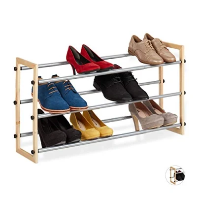 Image of Relaxdays Extendible Shoe Rack, Open Storage Stand with 3 Tiers Wood &amp; Iron, Up to 118 cm, Natural