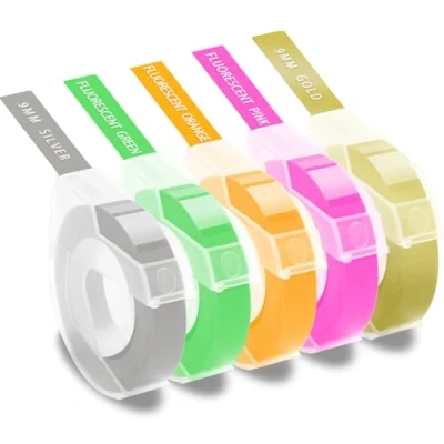 Image of BEYONDTEK Compatible with DYMO Omega Label Tape Self Adhesive 9mm x 3m Fluorescence Embossing and Junior Makers, 5 Roll