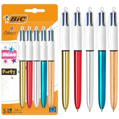 Image of BIC 4 Colours Shine and Party Retractable Ball Pens Medium Point (1.00 mm) in Metallic Silver, Gold, Red, Blue, Frosty Gold Pack of 5