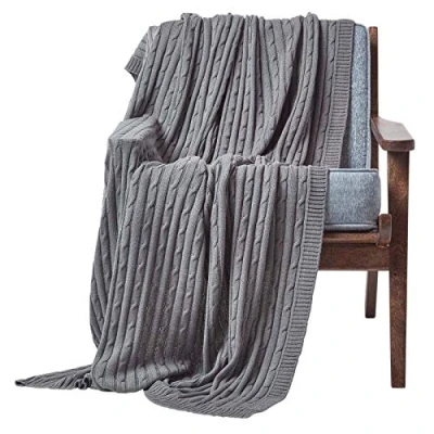Image of HOMESCAPES Grey Cable Knit Throw 130 x 170 cm Combed Cotton Soft and Cosy Blanket Bed Sofa For Armchairs Single Beds