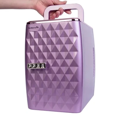 Image of Wellness 4L Drinks or Beauty Cooler with Shelves for Temperature Controlled Makeup Storage Cooling Includes Portable 12v Car Charger Diamond Purple