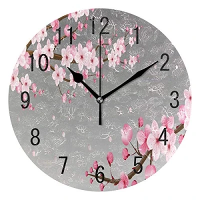 Image of Use7 Home Decor Pink Cherry Blossom Japanese Round Acrylic Wall Clock Non Ticking Silent Art for Living Room Kitchen Bedroom