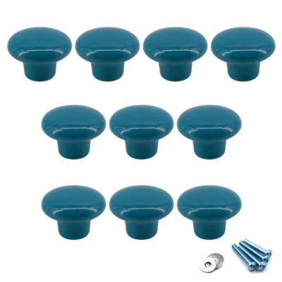 Image of Flomore Blue Ceramic Round Knobs Cabinet Knob Handle Pull for Kids&#039; Room Dresser Drawers (Pack of 10 Screws Included)