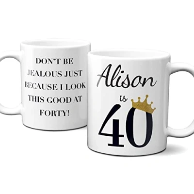 Image of Thoughtful Gifts Personalised 40th Mug, Birthday Mug for 40 Year Old Woman, Cup Birthday, Gift Old. Just add Name