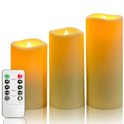 Image of YIWER Waterproof led Flameless Candles,Outdoor Indoor Battery Operated Flickering Candles with Remote Timers,Won&#039;t Melt,Ivory Plastic Set of 3 D2.2&quot; x H5&quot;6&quot;7&quot; for Party Decoration