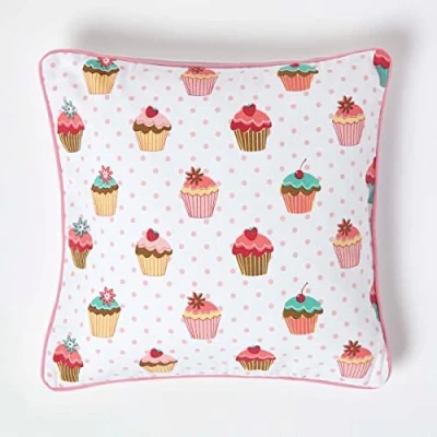 Image of HOMESCAPES 100% Cotton Cup Cakes Cushion Cover 45 x cm Square 18 Inches Blue Pink Red White Sofa Pillow Washable