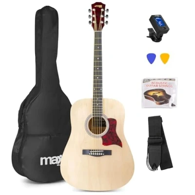 Image of MAX SoloJam Starter Acoustic Guitar Natural, Beginner Guitars, Full Size Kit with Gig Bag, Strap, Picks, Tuner &amp; Spare Strings Perfect for