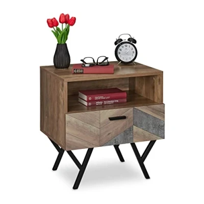 Image of Relaxdays Night Stand, Side Table, Drawer, Industrial, H x W D: approx. 53 50 42 cm, Metal, MDF, Brown, Fibreboard