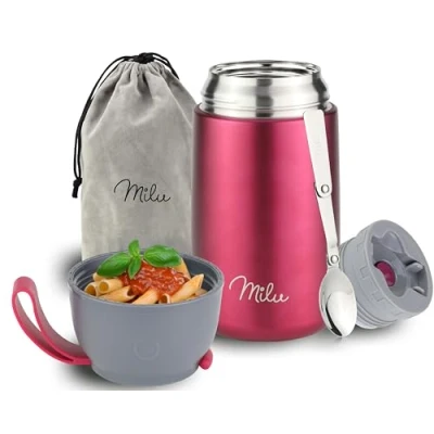 Image of Milu® Thermo Food Flask 300, 440, 450, 650, 800ml Stainless Steel Insulated Container Lunchbox Jar with Spoon for hot and Cold (Berry, 800ml)