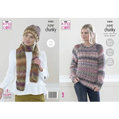 Image of King Cole 5455 Knitting Pattern Womens Easy Cable Sweater Hat and Scarf in Explorer Super Chunky