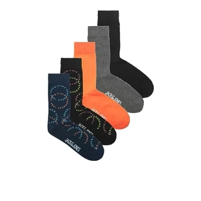 Image of JACK &amp; JONES Men&#039;s Jaclogo Circle Socks 5 Pack, Black/Pack:Navy Blazer Black DGM Vibrant Orange, One Size