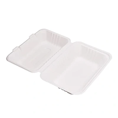 Image of EcoFlavour Disposable Strong Clamshell Takeaway Clamsell boxes White 9x6 Inches Set Of 125 Biodegradable, Compostable, Recyclable Bagasse Food Containers / Lunch