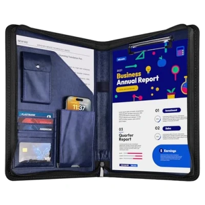 Image of NEWYES Zipper PU Leather Conference Folder, A4, Gift Men &amp; Women Gift, Travel Document Wallet Wallet, Personal Organizer Folder Agend, Blue