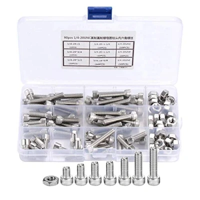 Image of Cap Head Screws, 90Pcs/set Hex Screws Nuts Assortment Kit, 1/4 20 UNC Bolt Stainless Steel Bolts set with Storage Box
