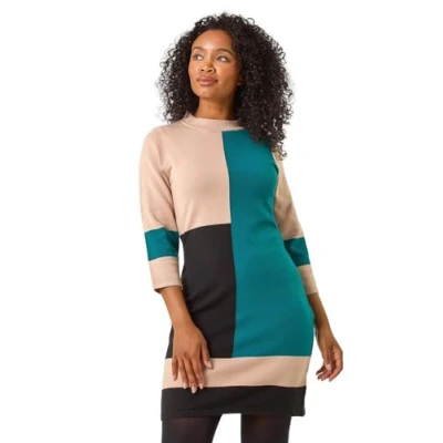Image of Roman Originals Knitted Jumper Dress for Women UK Ladies Colour Block Winter Autumn Smart Casual Office Bodycon Workwear Everyday Long Sleeve Knee Length Knit Pocket Petite Forest Size 18
