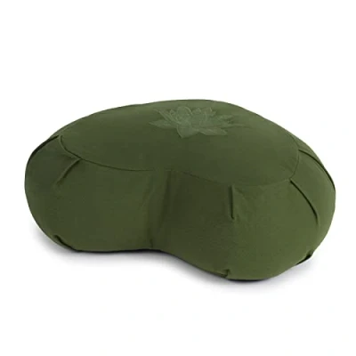 Image of Yoga Studio Lotus Crescent Zafu 42 x 13 18cm, Meditation Pouf with Cotton Cover, Buckwheat Hulls, Carry Handle. Accessories Green