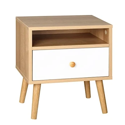 Image of HOMCOM Bedside Table, Cabinet with Drawer and Shelf, Modern Nightstand, End Table for Living Room, Bedroom, Natural