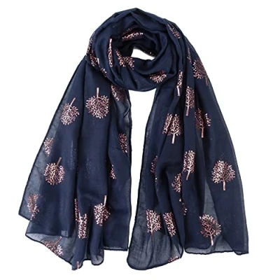 Image of London Scarfs Glitter Mulberry Trees Scarf Women Foil Printed Tree Fashion Ladies Wrap (Navy Blue With Pink)