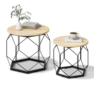 Image of WOLTU Coffee Tables, Set of 2 Side Tables with Round Table Top, Sofa Hollow Metal Frame, Living Room Storage Space, Made Wood Material Metal, Look Light Oak BTS05hei