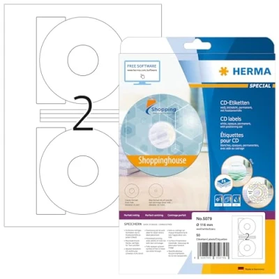 Image of HERMA Self Adhesive Full Face CD Labels, 2 Labels per A4 Sheet, 25 Sheets, Ø 116 mm, 50 Blank Opaque DVD Stickers, Sticky for Laser &amp; Inkjet Printer, White