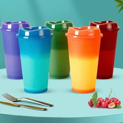 Image of NS 5PCS 16oz Reusable Color Changing Tumbler Coffee Cups Plastic Tumblers Cup with Lids for Hot Drink Durable &amp; Splash Proof Water Travel