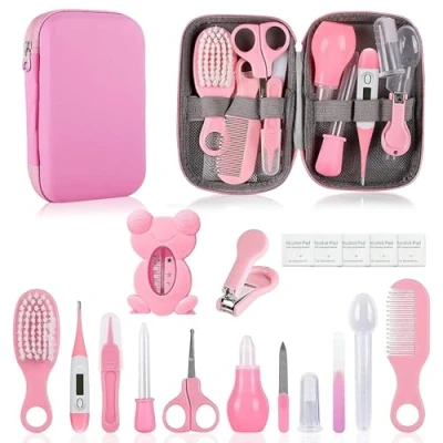 Image of MEETOZ Baby Healthcare and Grooming Kit, 19 in 1 Infant Safety Care Set with Hair Brush Comb Nail Clipper Nasal Aspirator,Baby Essentials Kit for Newborn Girls Boys (Pink)
