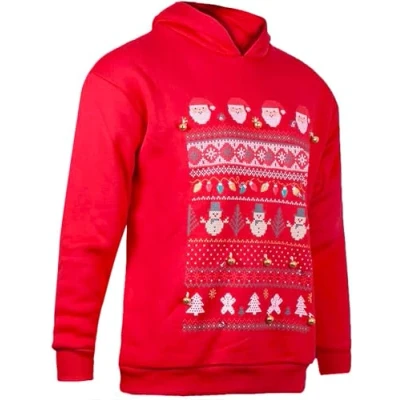 Image of True Face Christmas Hoodie Mens Funny Novelty Pullover Hoody 3D Printed Ladies Xmas Light Up Jumper Lightening LED Lights Long Sleeve Women Sweatshirt Pull Over Lighting Adult Hooded Top Red M