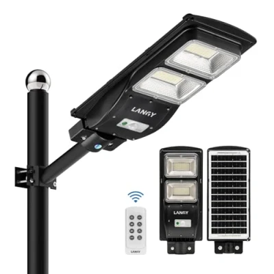 Image of LANGY Solar Street Light 6000 Lumens Outdoor,10000mAH Battery,120 LED Powered with Remote Control,Dusk to Dawn Outdoor Lighting Motion Sensor,Waterproof,Black