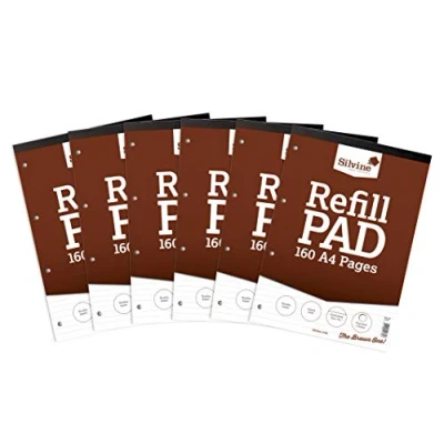 Image of Silvine 160 Page A4 Refill Pad, Head Bound and Punched 4 Holes. Ruled 8mm Feint. Ref A4RPF [Pack of 6],White