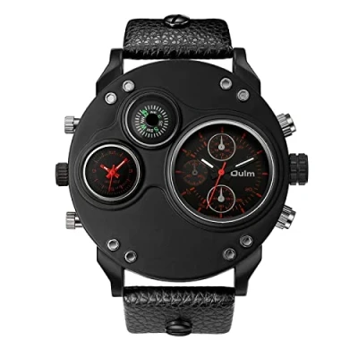 Image of JewelryWe Military Watch for Men Dual Time Zone Big Dial Quartz Cool Punk Leather Wristwatch, Fathers Day