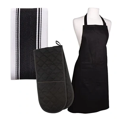 Image of Auntie Morags Dexam Love Colour Apron, Tea Towel &amp; Double Oven Glove Set True Black
