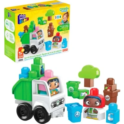 Image of MEGA BLOKS Fisher Price Toddler Building Blocks, Green Town Sort &amp; Recycle Squad with 15 Pieces, 2 Figures, Kids Age 1+ Years, HDL06