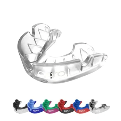 Image of OPRO Silver Level Adult and Kids Sports Mouthguard with Case, Gum Shield Featuring Revolutionary Fitting Technology for Hockey, Lacrosse, Rugby, MMA, Boxing Combat (Clear/Clear, Youth)