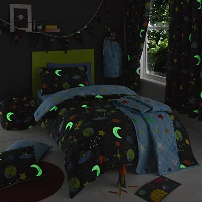 Image of Happy Linen Company Girls Boys Kids Alien Adventure Outer Space Navy Blue Toddler Cot Bed Reversible Duvet Cover Bedding Set