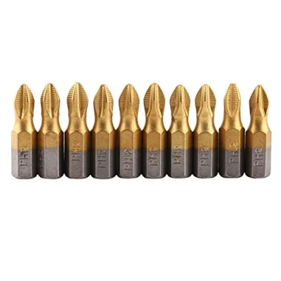 Image of Set of 10 Piece Magnetic Screwdriver Bits, PH2 Non Slip Titanium Coating Bits 1/4 inch Hexagonal Connection 25mm Long for Drill/Drivers