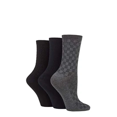 Image of Women&#039;s 3 Pair SOCKSHOP Patterned Plain and Striped Bamboo Socks Black / Navy Grey Textured 4 8 Ladies