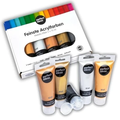 Image of perfect ideaz 5 x 75 ml Metallic Acrylic Paint, Colours, Highly Opaque, Water Based